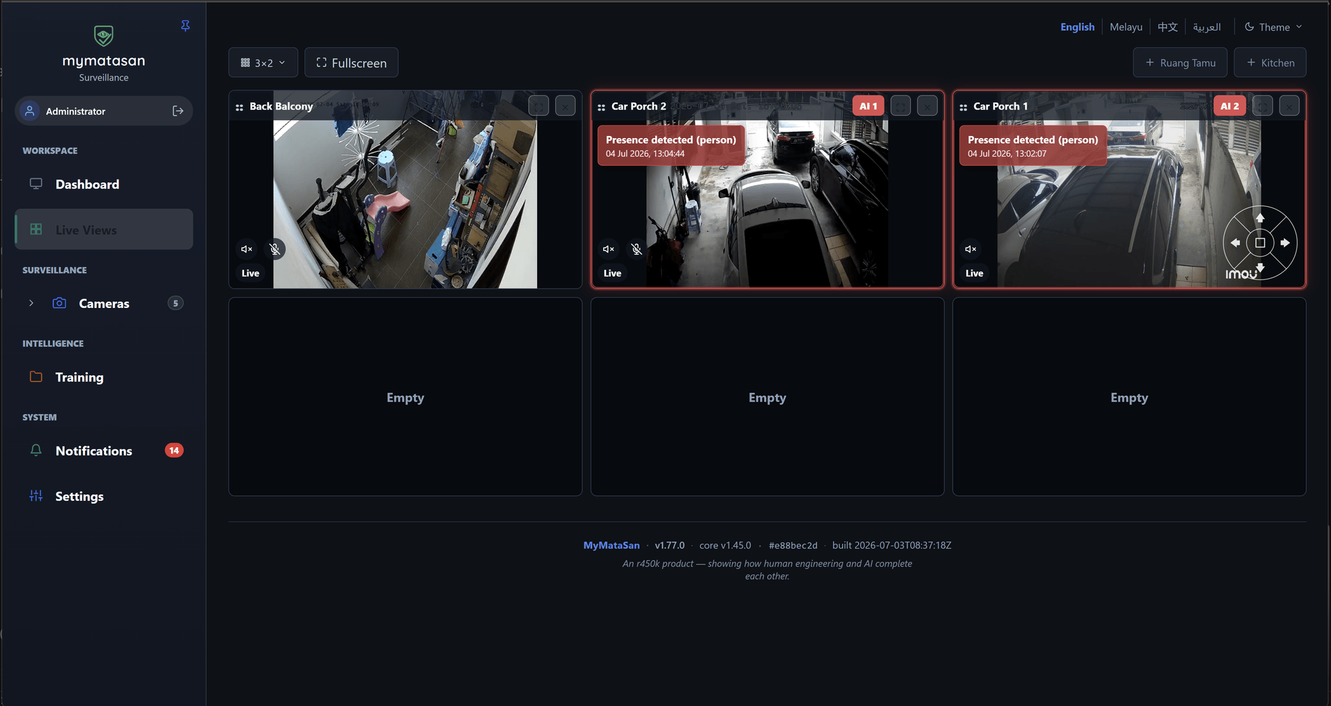 Live multi-camera grid in a 3×2 layout, with on-frame “Presence detected (person)” AI badges on two of the feeds